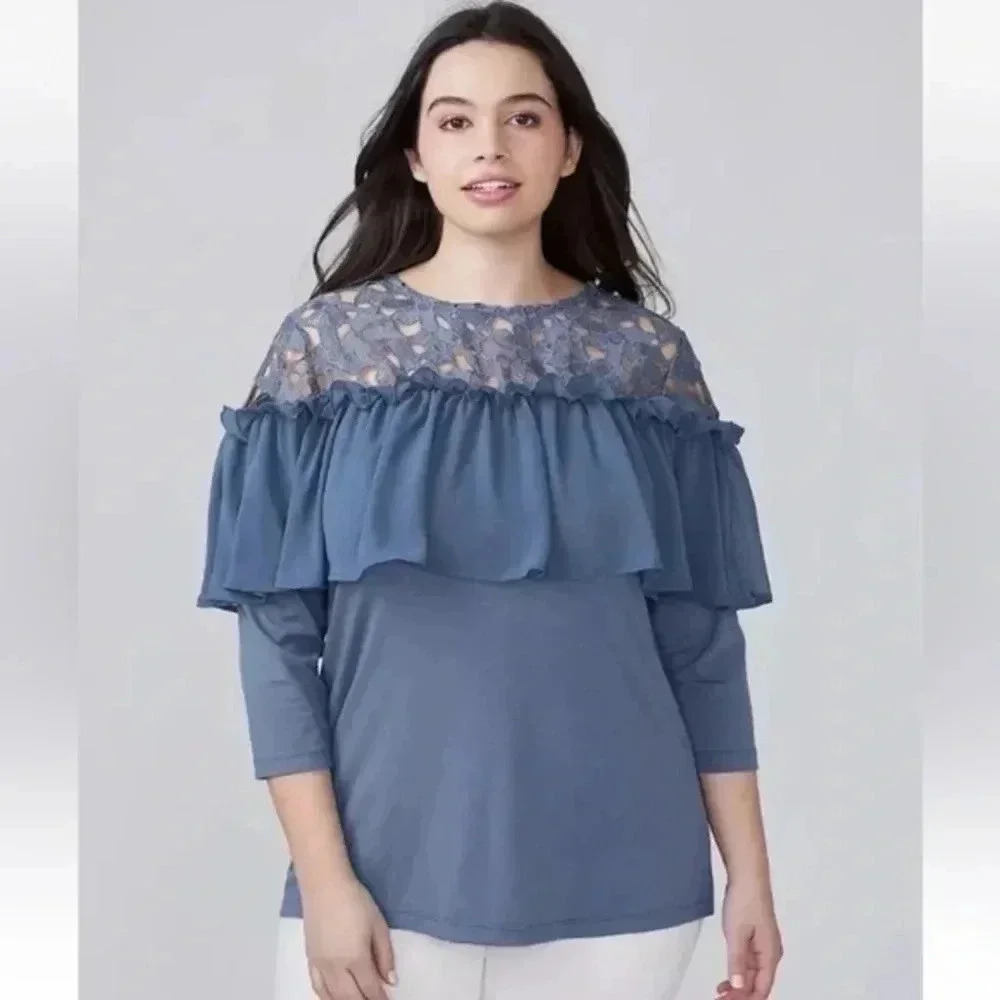 Lane Bryant | Coastal Blue Crochet Ruffle Long Sleeve Blouse Plus Size 22 24